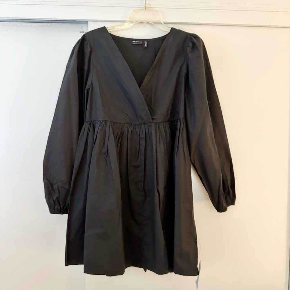 ASOS Design cotton v-neck mini smock dress black